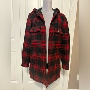 LL Bean Signature Red & Black Buffalo‎ Plaid Women's Classic Wool Coat Hooded SM